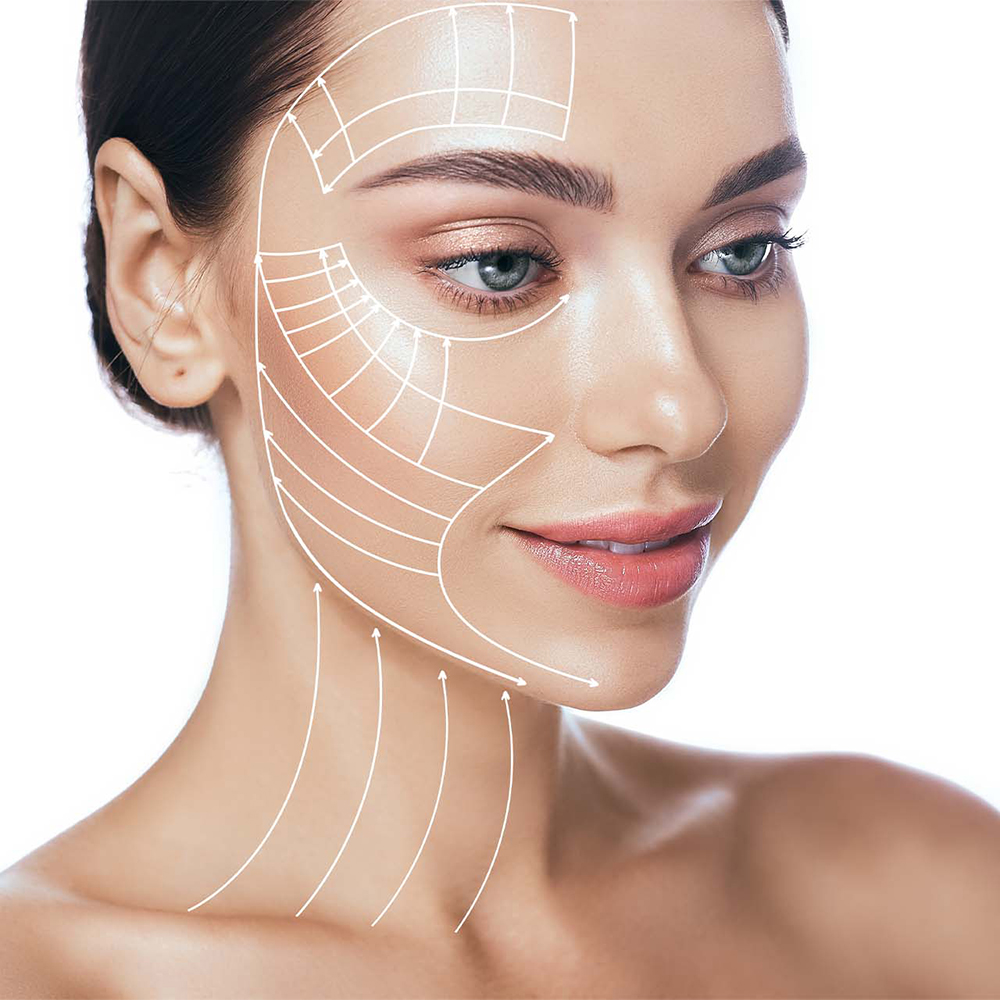 Woman's face post skin tightening treatment with overlay arrows illustrating enhanced firmness and elasticity.