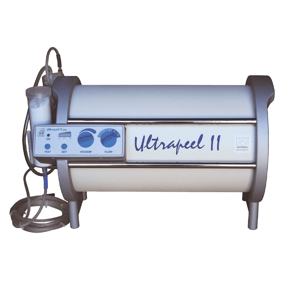 Isolated image of the Ultrapeel device, showcasing its use in treating skin dullness, acne, loss of elasticity, sun damage, and aging signs.