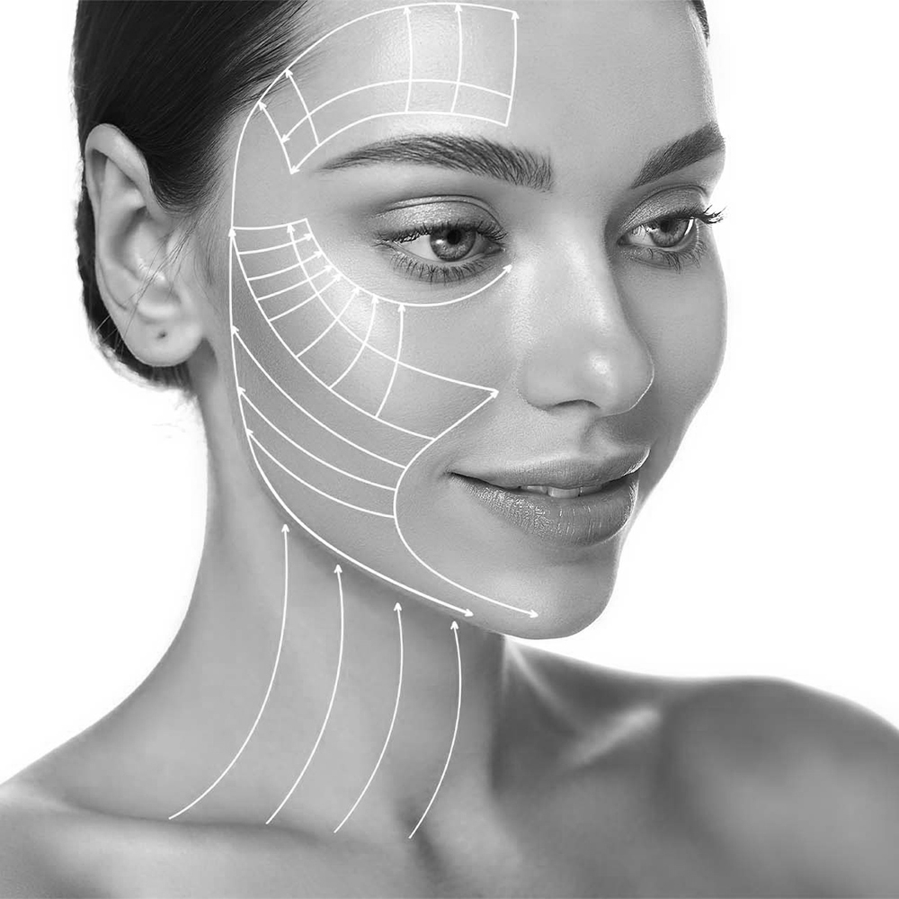 Black and white thumbnail image of a woman indicating skin tightening treatment.
